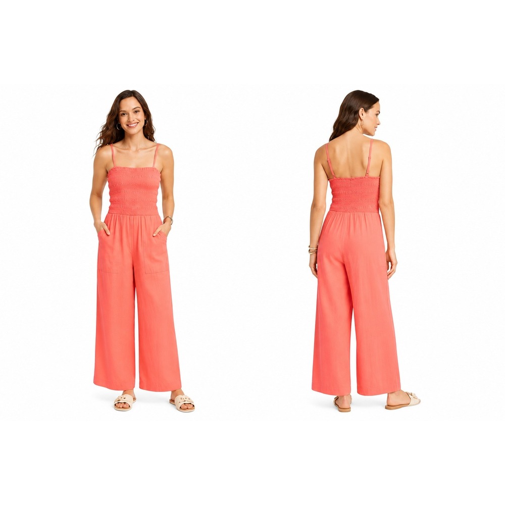 Women's Smocked Linen Maxi Jumpsuit Coral Pink XS New With Tags Universal Thread